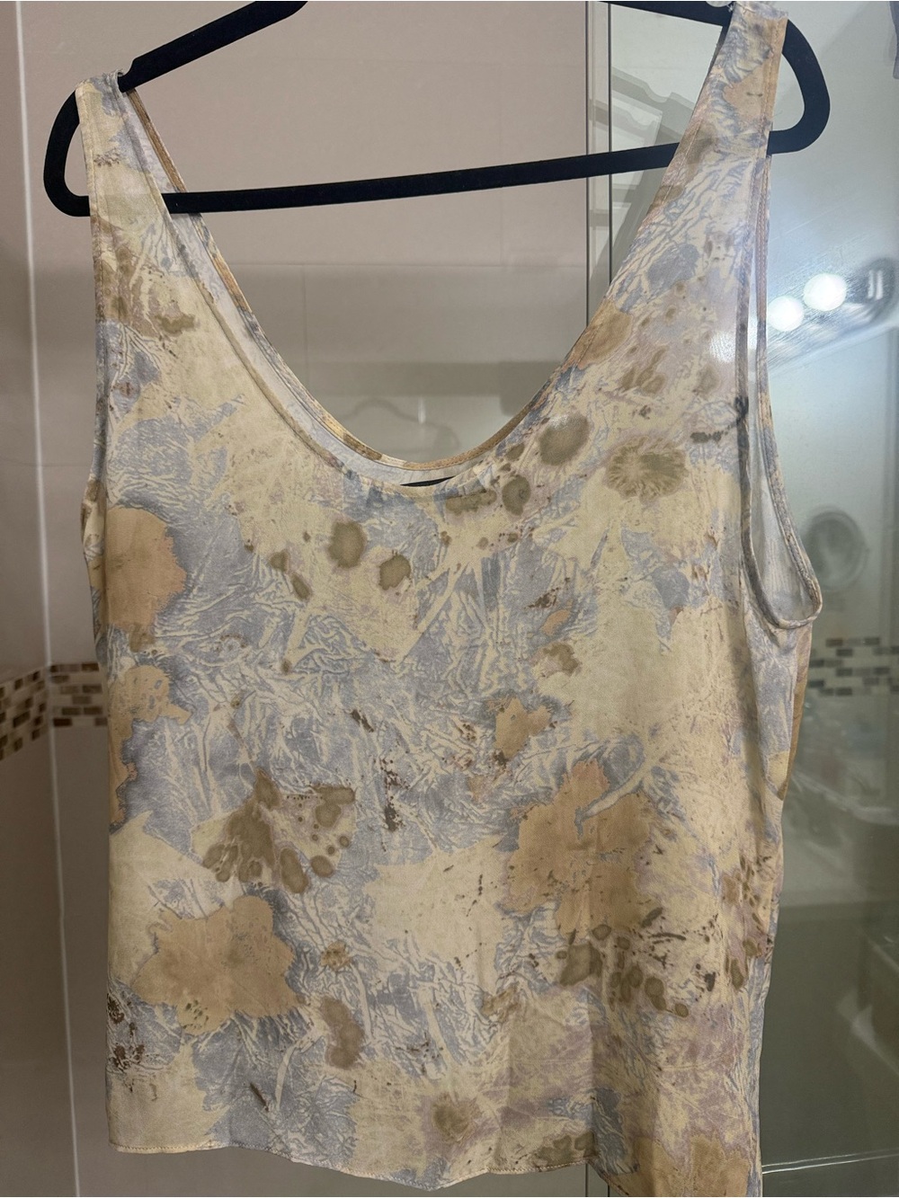 Zara Satin Marble-Print Tank Top in Cream, Light Blue and Tan